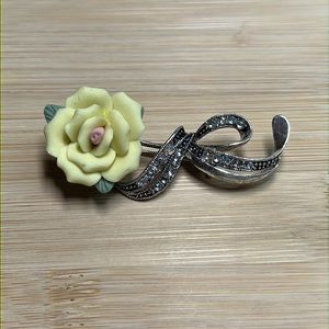 Vintage Avon Silver Tone AB Rhinestones Yellow Porcelain Rose Flower Brooch Pin